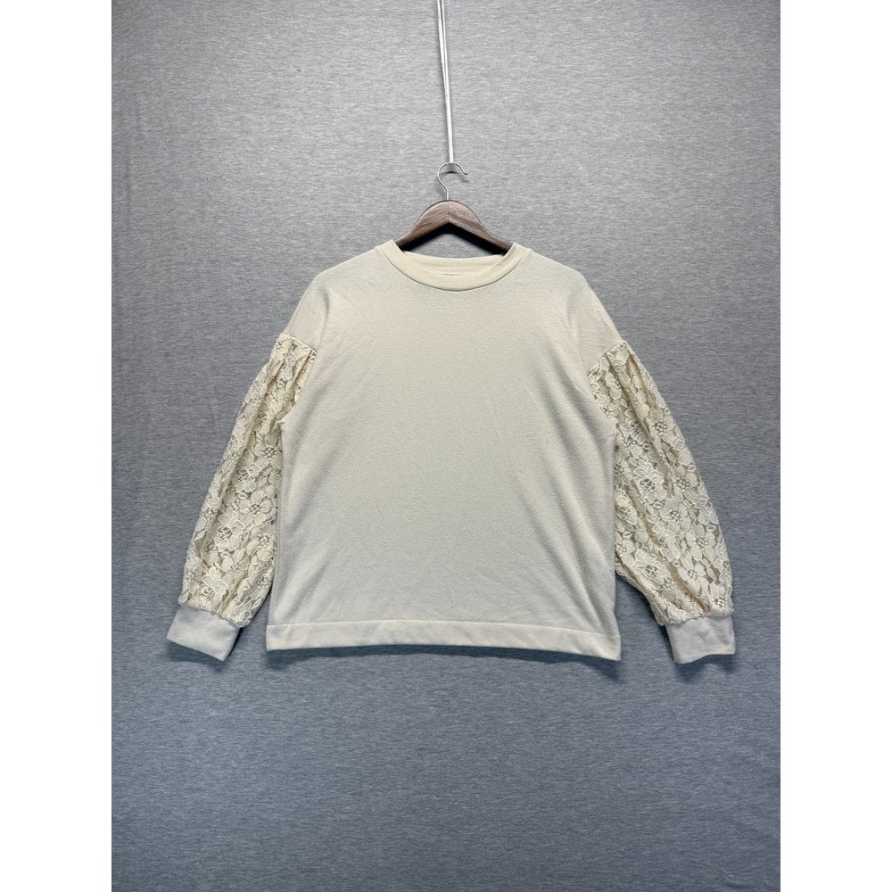 Banana Republic Knit Sweatshirt Women Medium Cream Floral Lace Balloon Sleeves